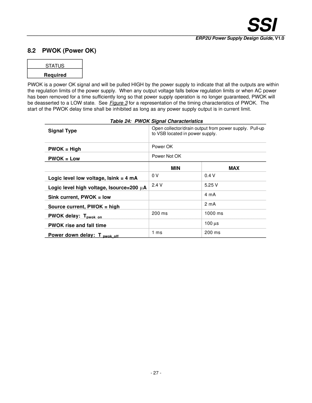 Intel ERP2U manual Pwok Power OK, Pwok Signal Characteristics 