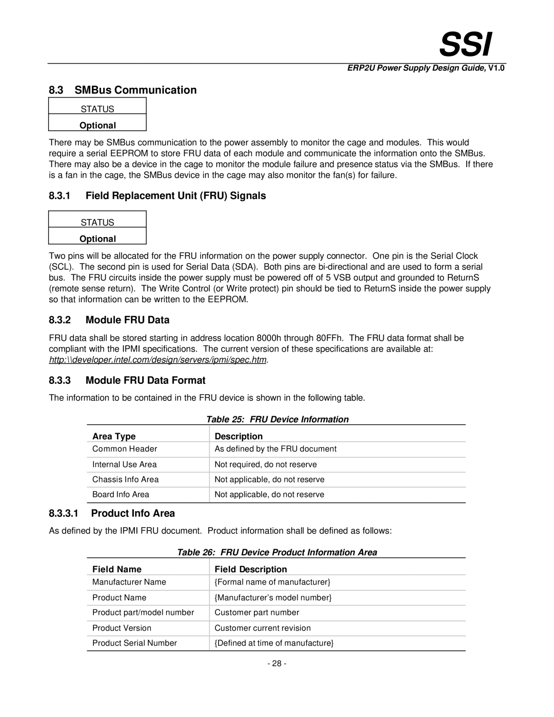 Intel ERP2U manual SMBus Communication, Field Replacement Unit FRU Signals, Module FRU Data Module FRU Data Format 