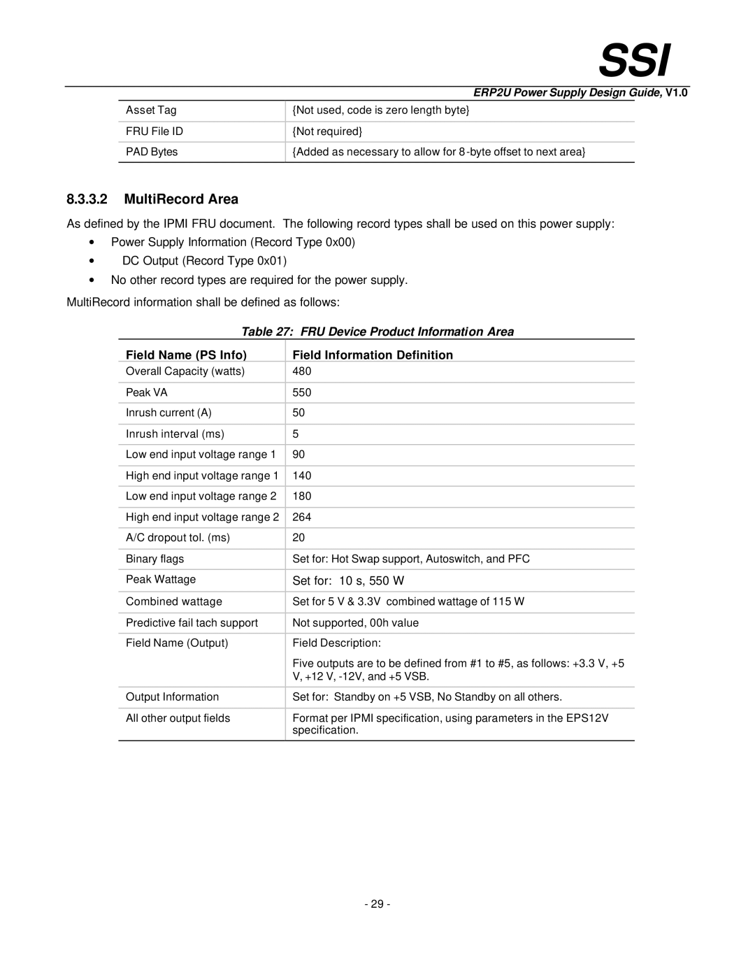 Intel ERP2U manual MultiRecord Area, Field Name PS Info Field Information Definition 