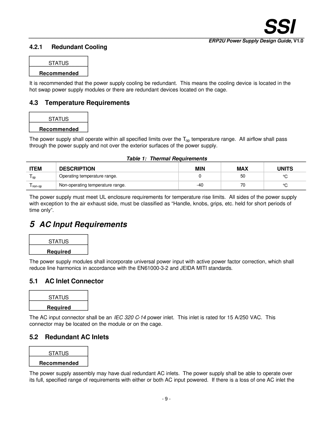 Intel ERP2U AC Input Requirements, Temperature Requirements, AC Inlet Connector, Redundant AC Inlets, Redundant Cooling 