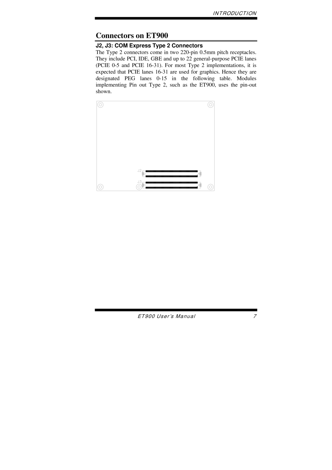 Intel user manual Connectors on ET900, J2, J3 COM Express Type 2 Connectors 