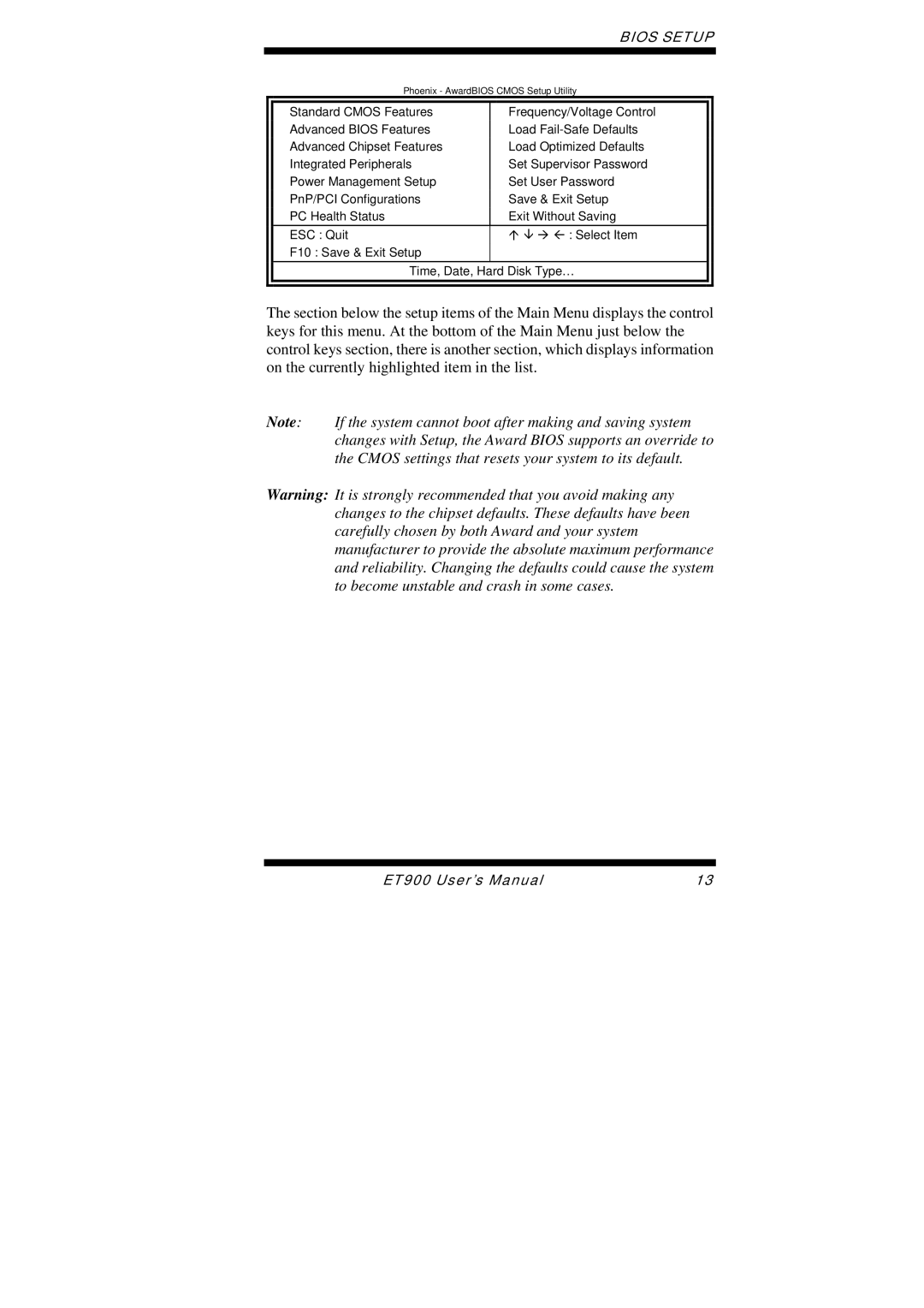 Intel ET900 user manual Phoenix AwardBIOS Cmos Setup Utility 