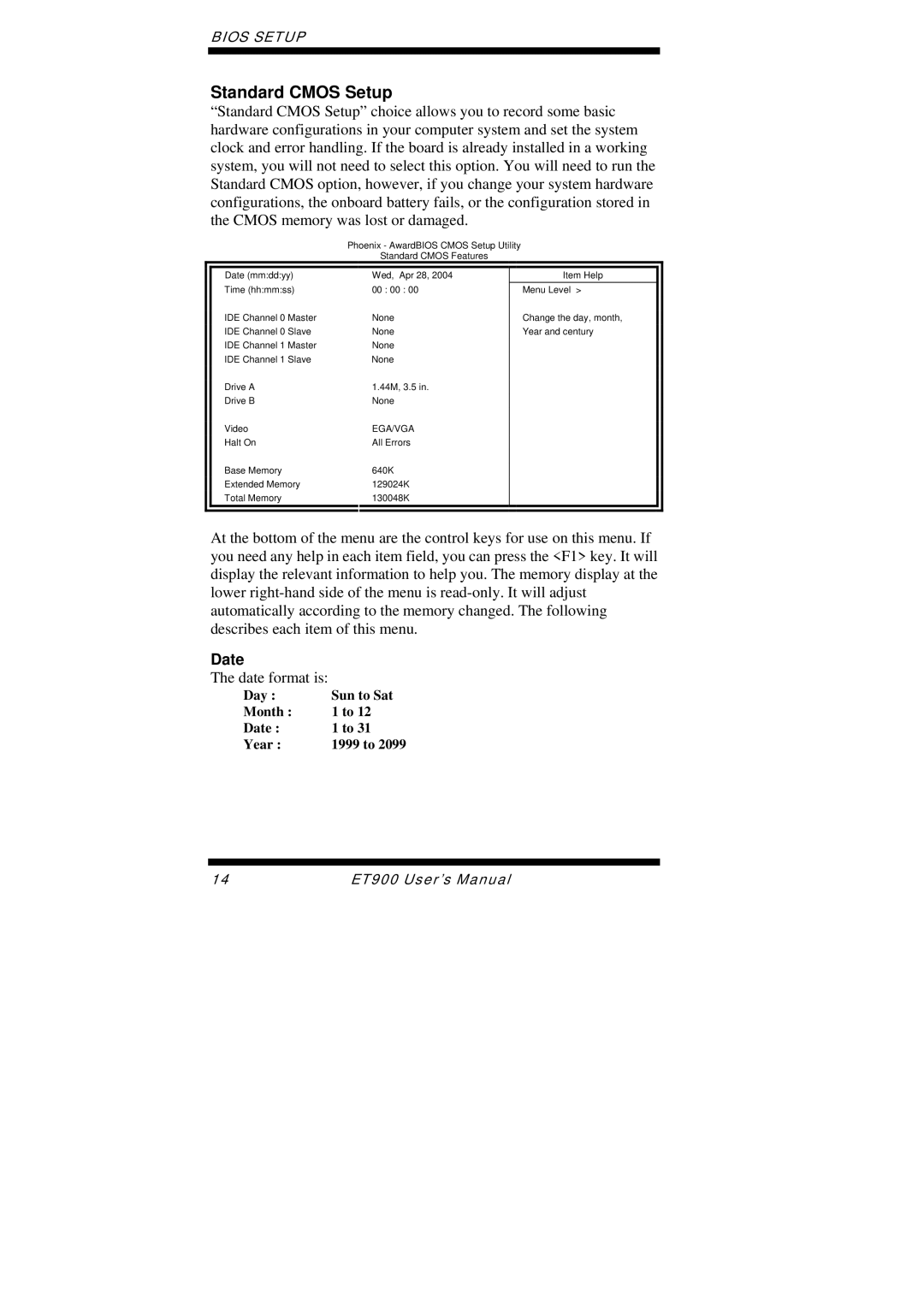 Intel ET900 user manual Standard Cmos Setup, Date 