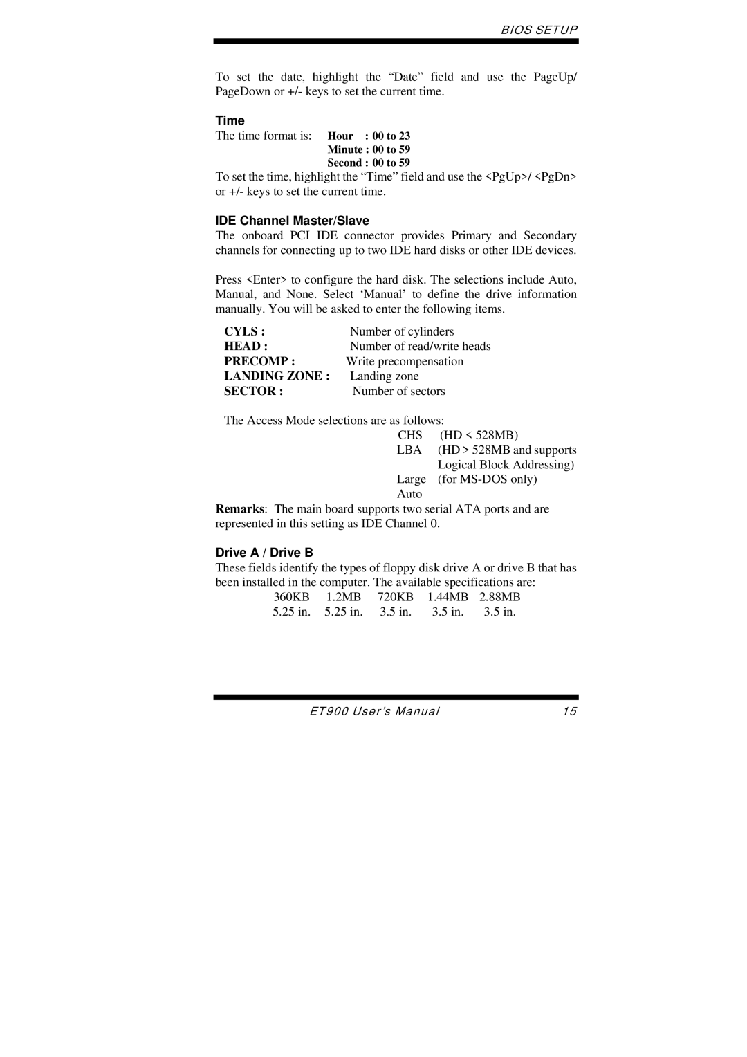 Intel ET900 user manual Time, IDE Channel Master/Slave, Drive a / Drive B 