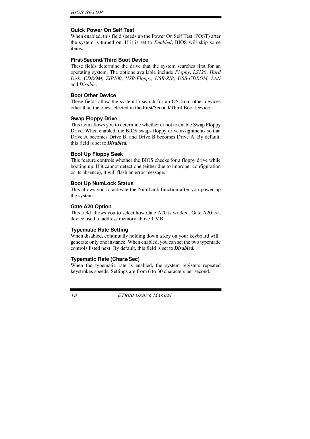 Intel ET900 user manual Quick Power On Self Test, First/Second/Third Boot Device, Boot Other Device, Swap Floppy Drive 