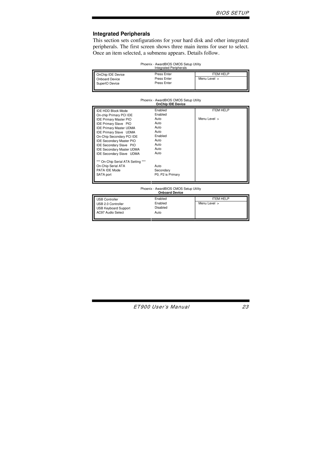 Intel ET900 user manual Integrated Peripherals, OnChip IDE Device 