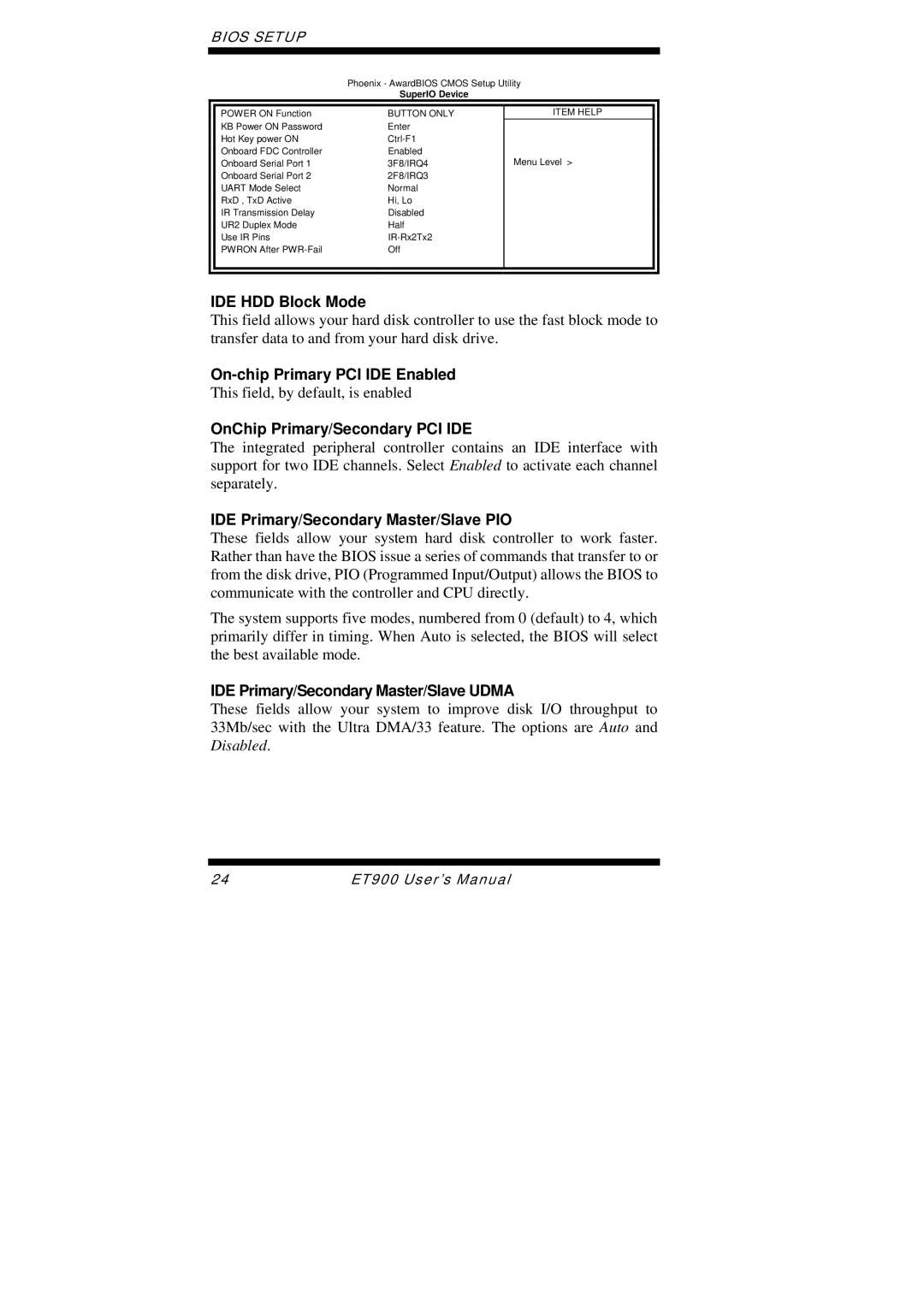 Intel ET900 user manual IDE HDD Block Mode, On-chip Primary PCI IDE Enabled, OnChip Primary/Secondary PCI IDE 