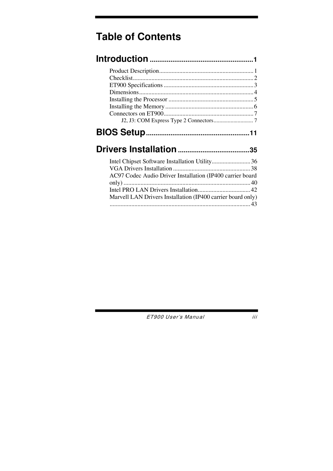 Intel ET900 user manual Table of Contents 