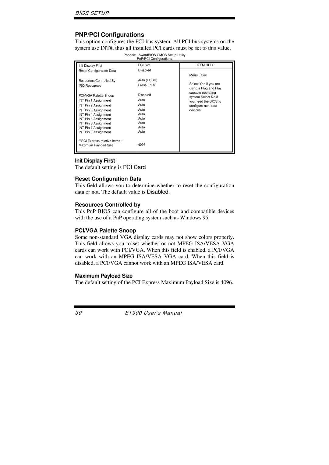 Intel ET900 user manual PNP/PCI Configurations 