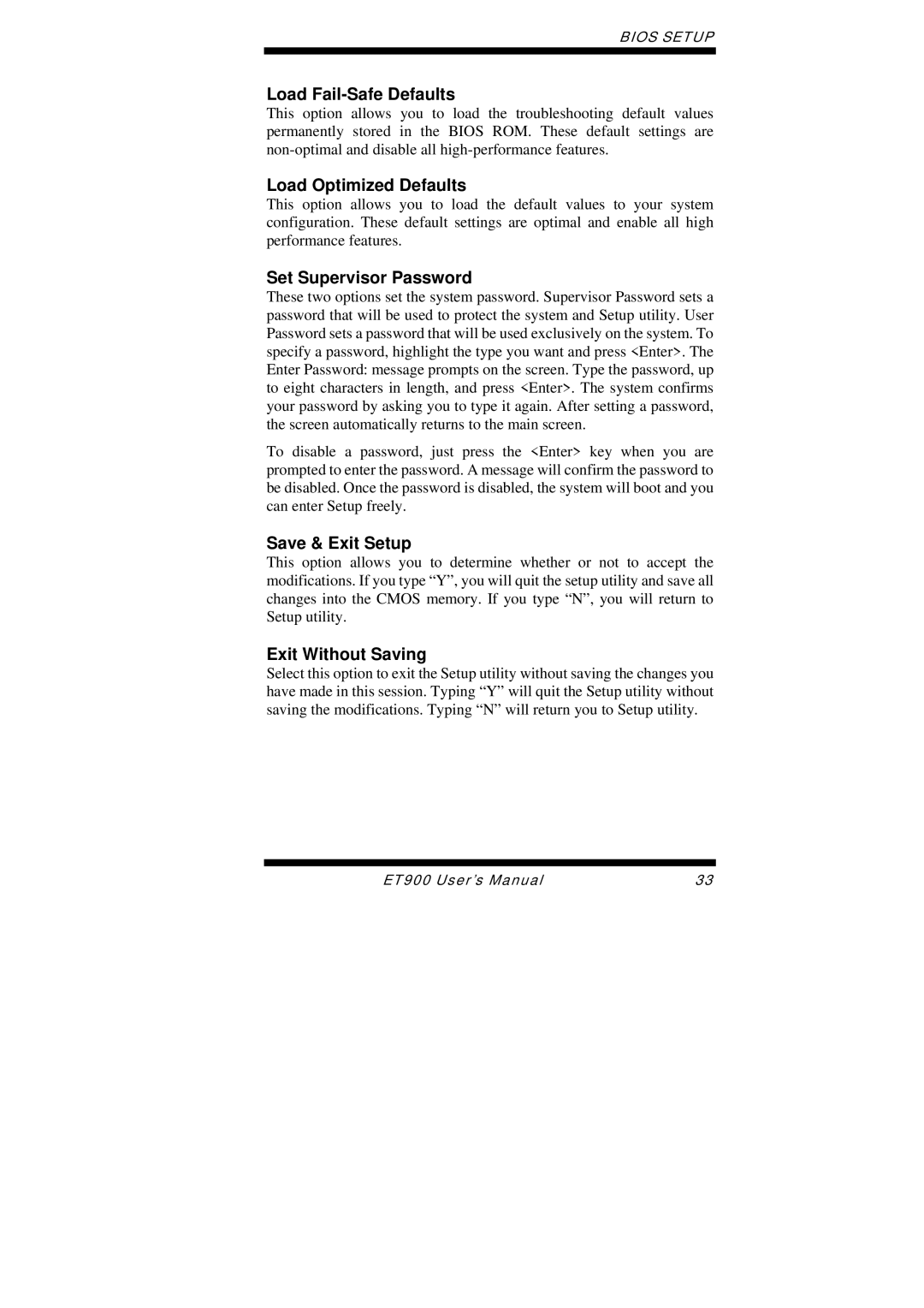 Intel ET900 user manual Load Fail-Safe Defaults, Load Optimized Defaults, Set Supervisor Password, Save & Exit Setup 