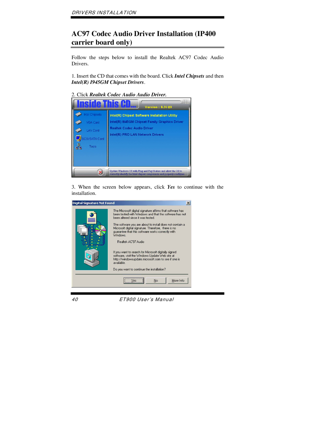 Intel ET900 user manual Click Realtek Codec Audio Audio Driver 