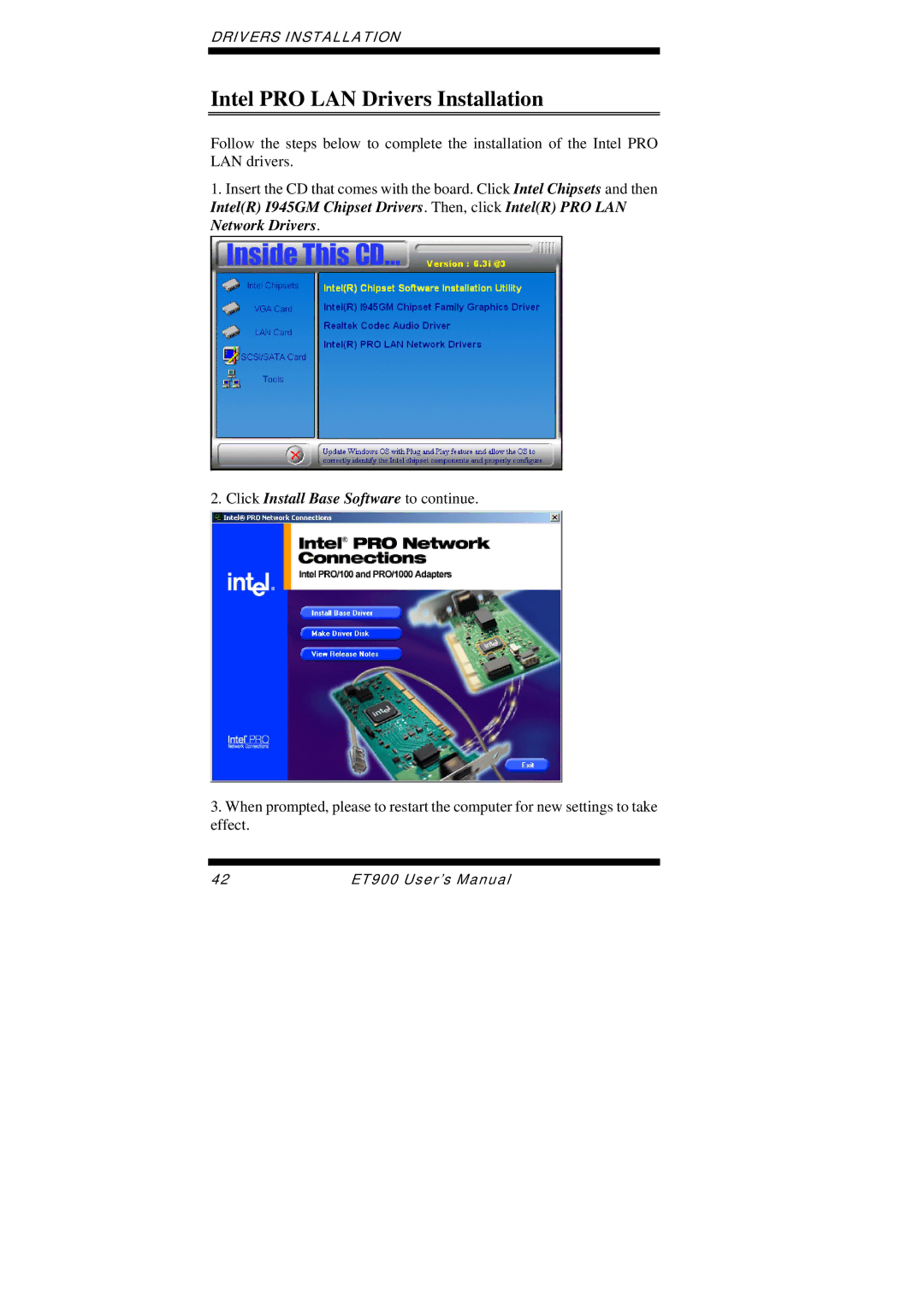 Intel ET900 user manual Intel PRO LAN Drivers Installation, Click Install Base Software to continue 