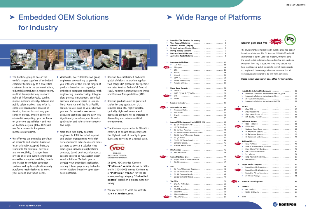 Intel Ethernet Switch Boards manual  Wide Range of Platforms, Table of Contents, Kontron goes lead-free 