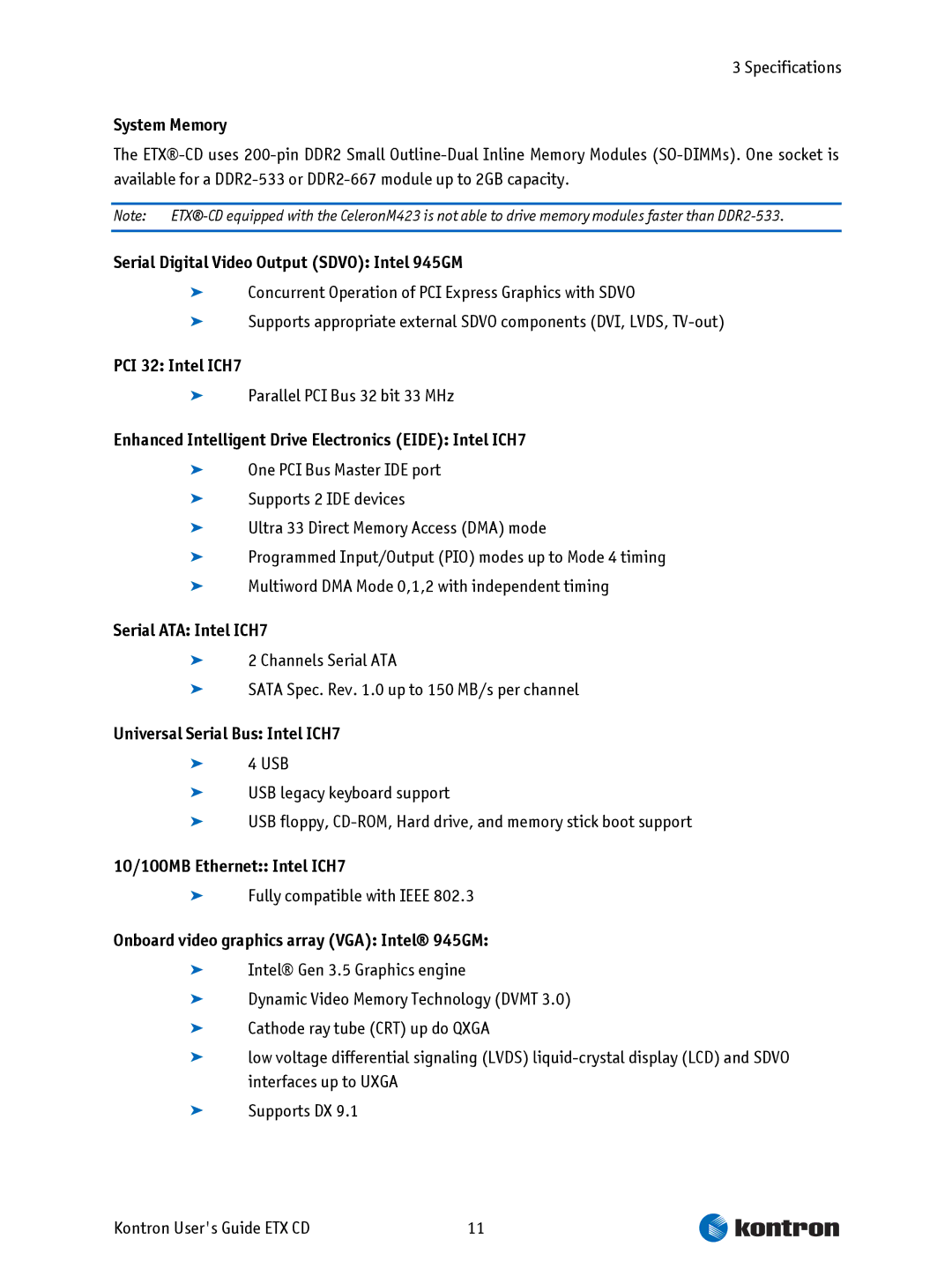 Intel ETX CD manual System Memory, Serial Digital Video Output Sdvo Intel 945GM, PCI 32 Intel ICH7, Serial ATA Intel ICH7 