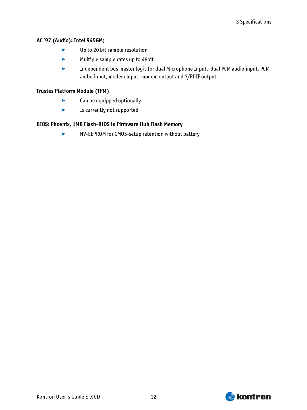 Intel ETX CD manual AC ’97 Audio Intel 945GM, Trustes Platform Module TPM 