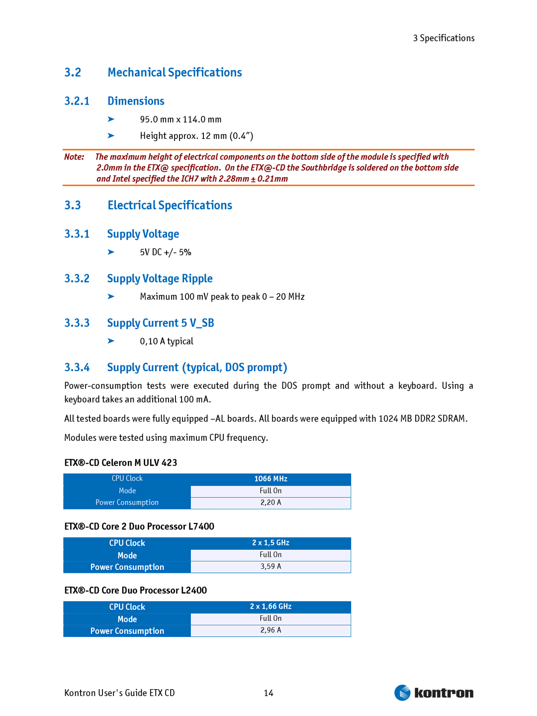 Intel ETX CD manual Mechanical Specifications, Electrical Specifications 