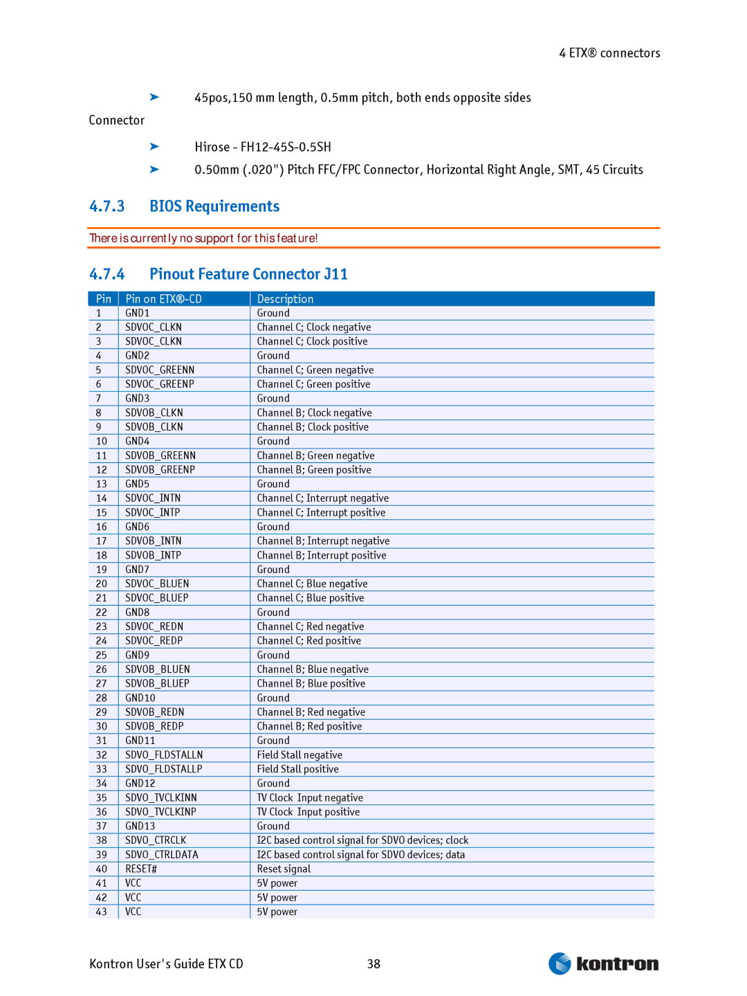 Intel ETX CD manual Bios Requirements, Pinout Feature Connector J11, Pin Pin on ETX-CD Description 