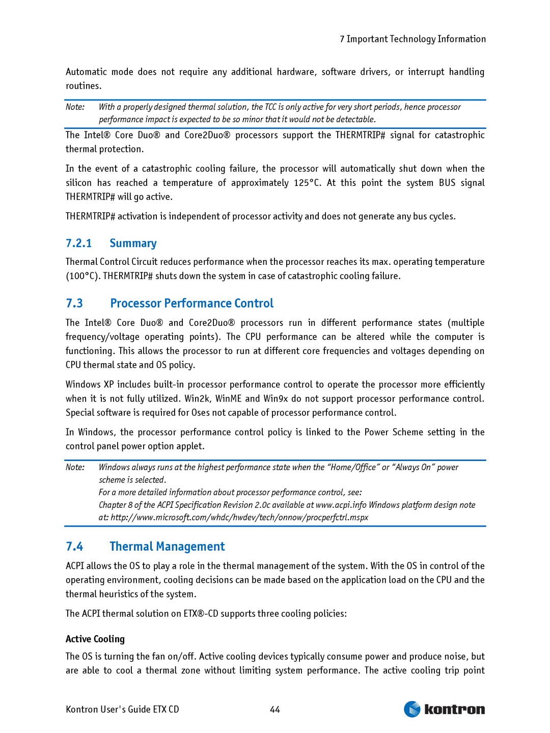 Intel ETX CD manual Processor Performance Control, Summary, Active Cooling 