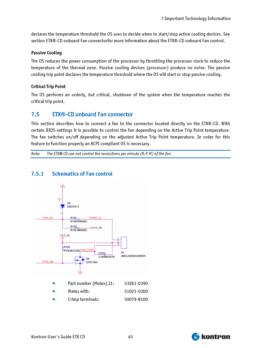 Intel ETX CD manual ETX-CD onboard Fan connector, Schematics of Fan control, Passive Cooling, Critical Trip Point 