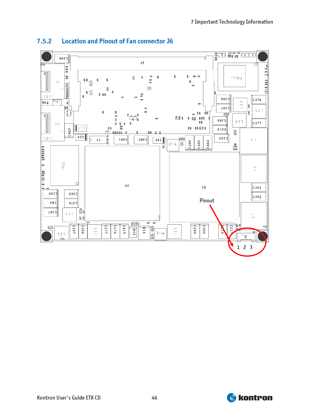 Intel manual Location and Pinout of Fan connector J6, Pinout Kontron Users Guide ETX CD 