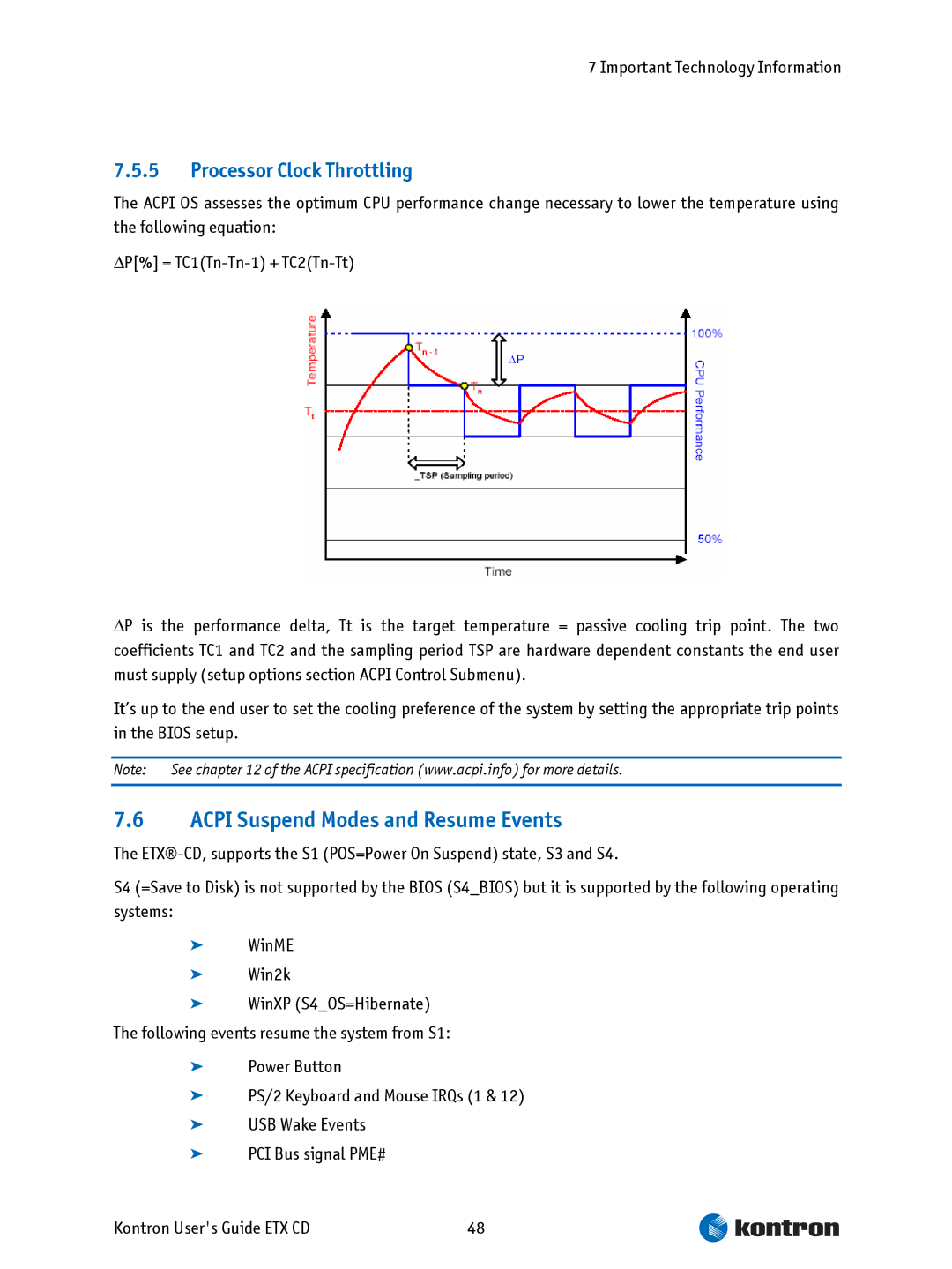 Intel ETX CD manual Acpi Suspend Modes and Resume Events, Processor Clock Throttling 