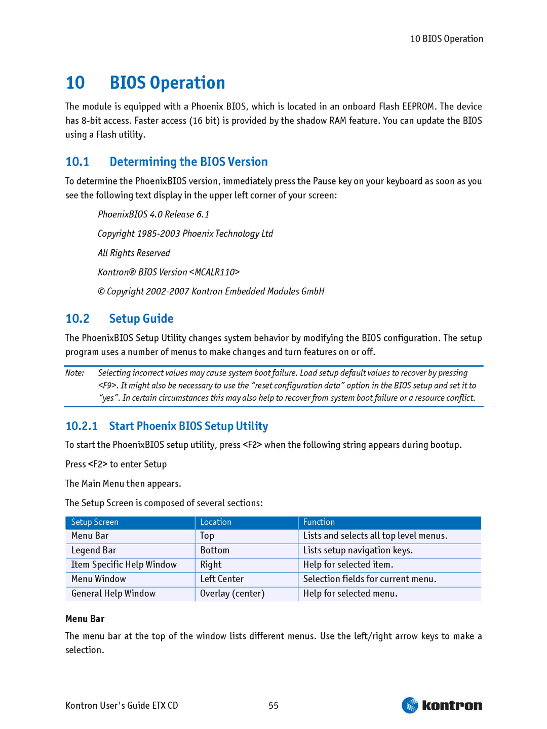 Intel ETX CD manual Bios Operation, Determining the Bios Version, Setup Guide, Start Phoenix Bios Setup Utility, Menu Bar 