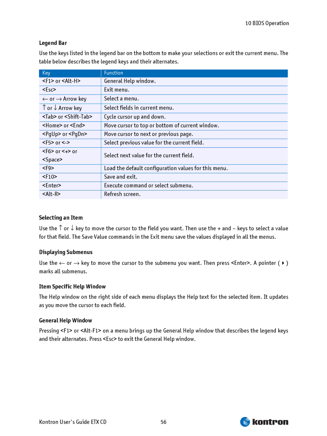 Intel ETX CD manual Selecting an Item, Displaying Submenus, Item Specific Help Window, General Help Window, Key Function 