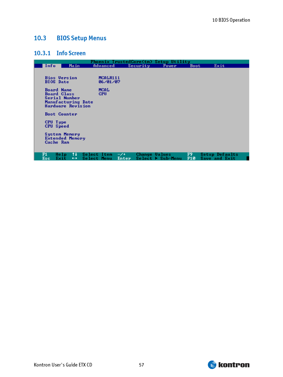 Intel ETX CD manual Bios Setup Menus, Info Screen 