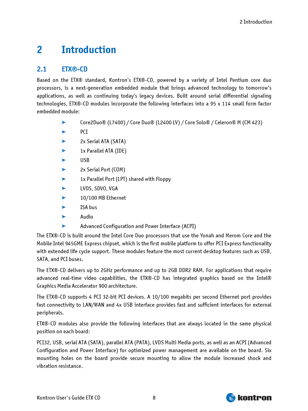 Intel ETX CD manual Introduction, Etx-Cd, 2x Serial ATA Sata 1x Parallel ATA IDE 