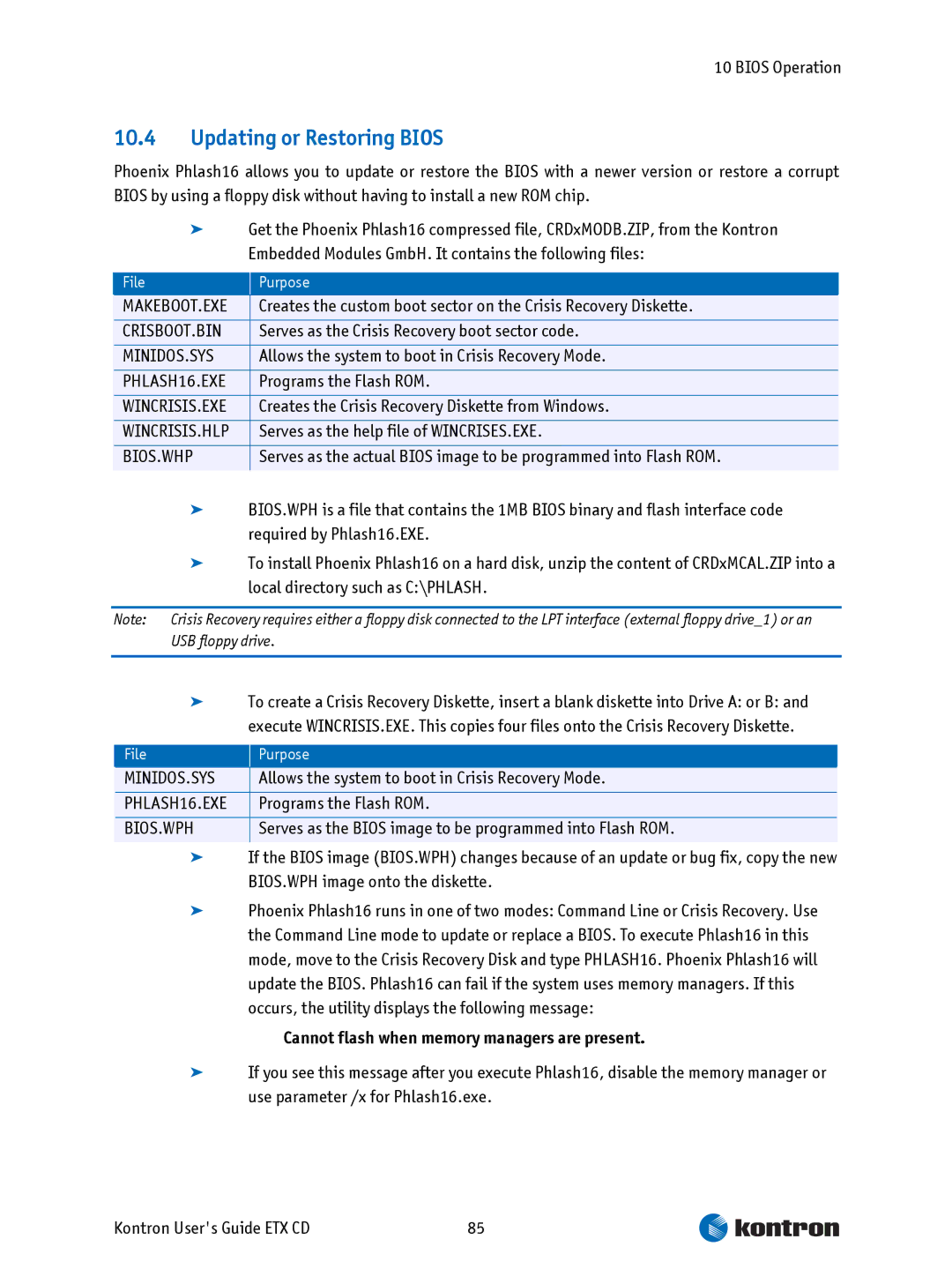 Intel ETX CD manual Updating or Restoring Bios, Cannot flash when memory managers are present 