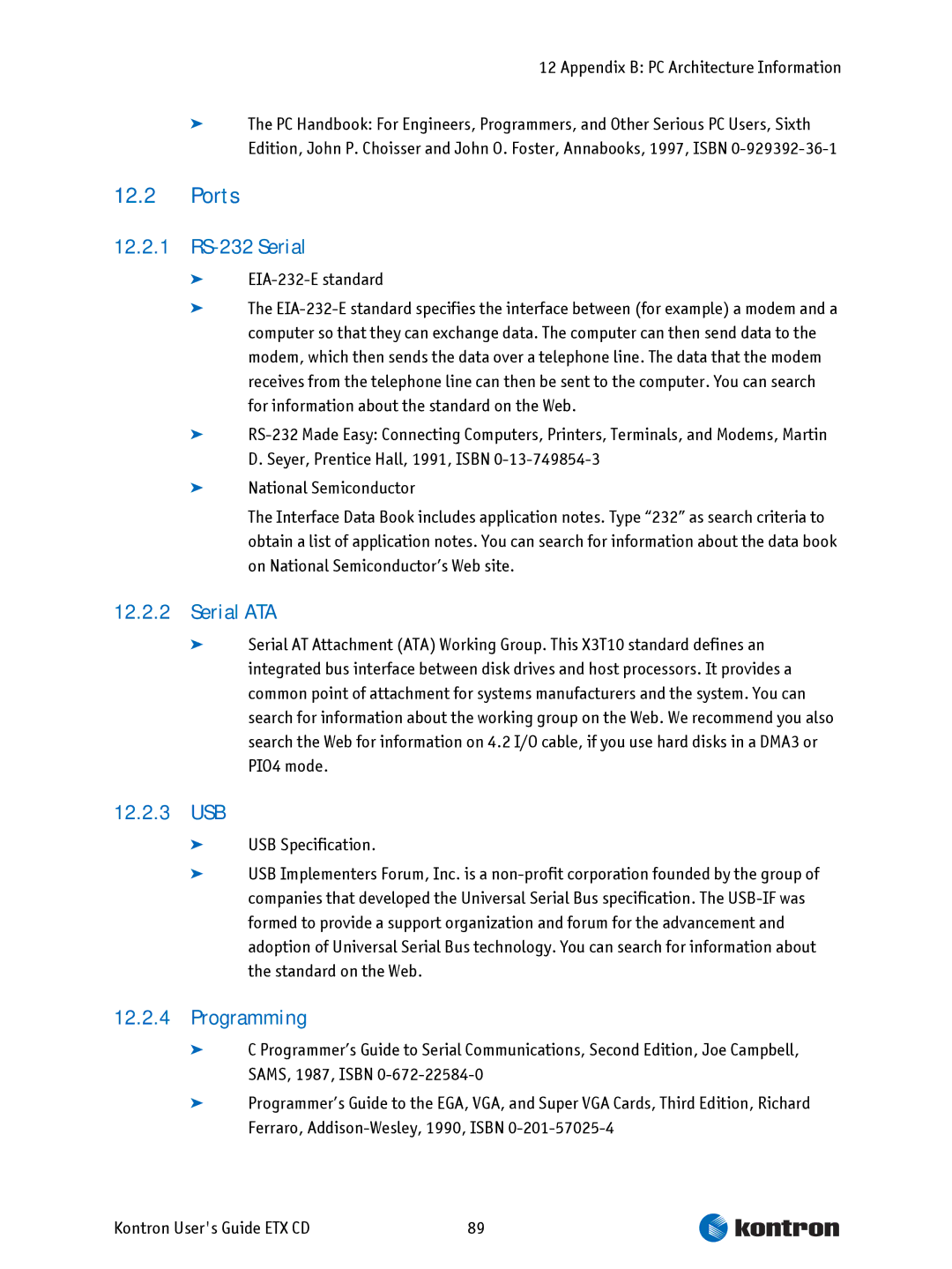 Intel ETX CD manual Ports, 12.2.1 RS-232 Serial, Serial ATA, 12.2.3 USB, Programming 