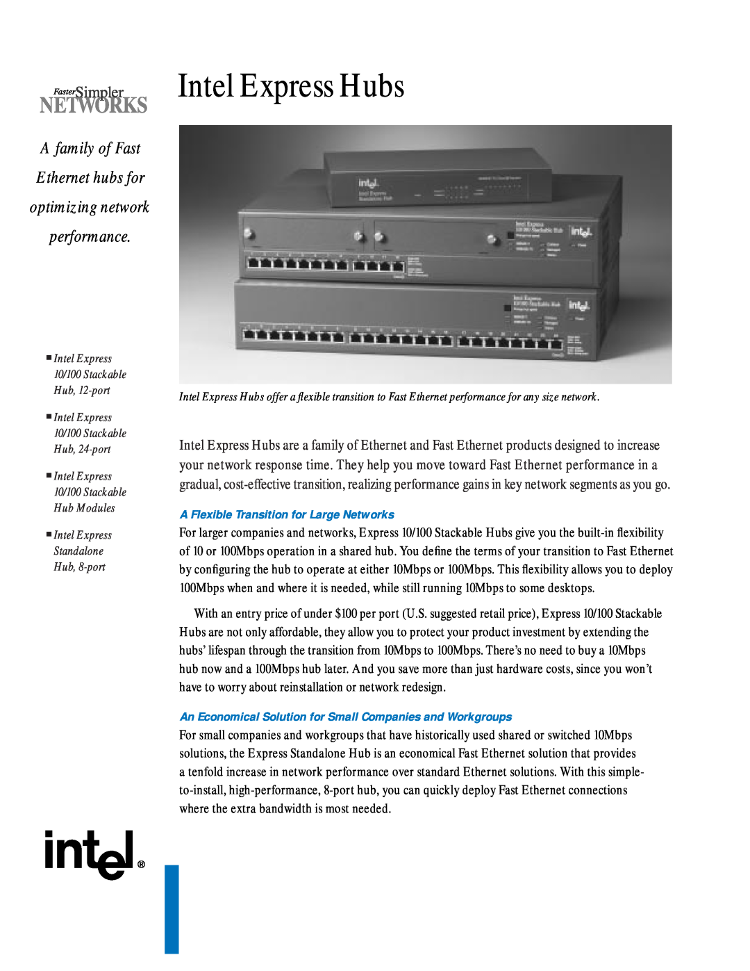 Intel manual A family of Fast Ethernet hubs for optimizing network performance, Intel Express Hubs 