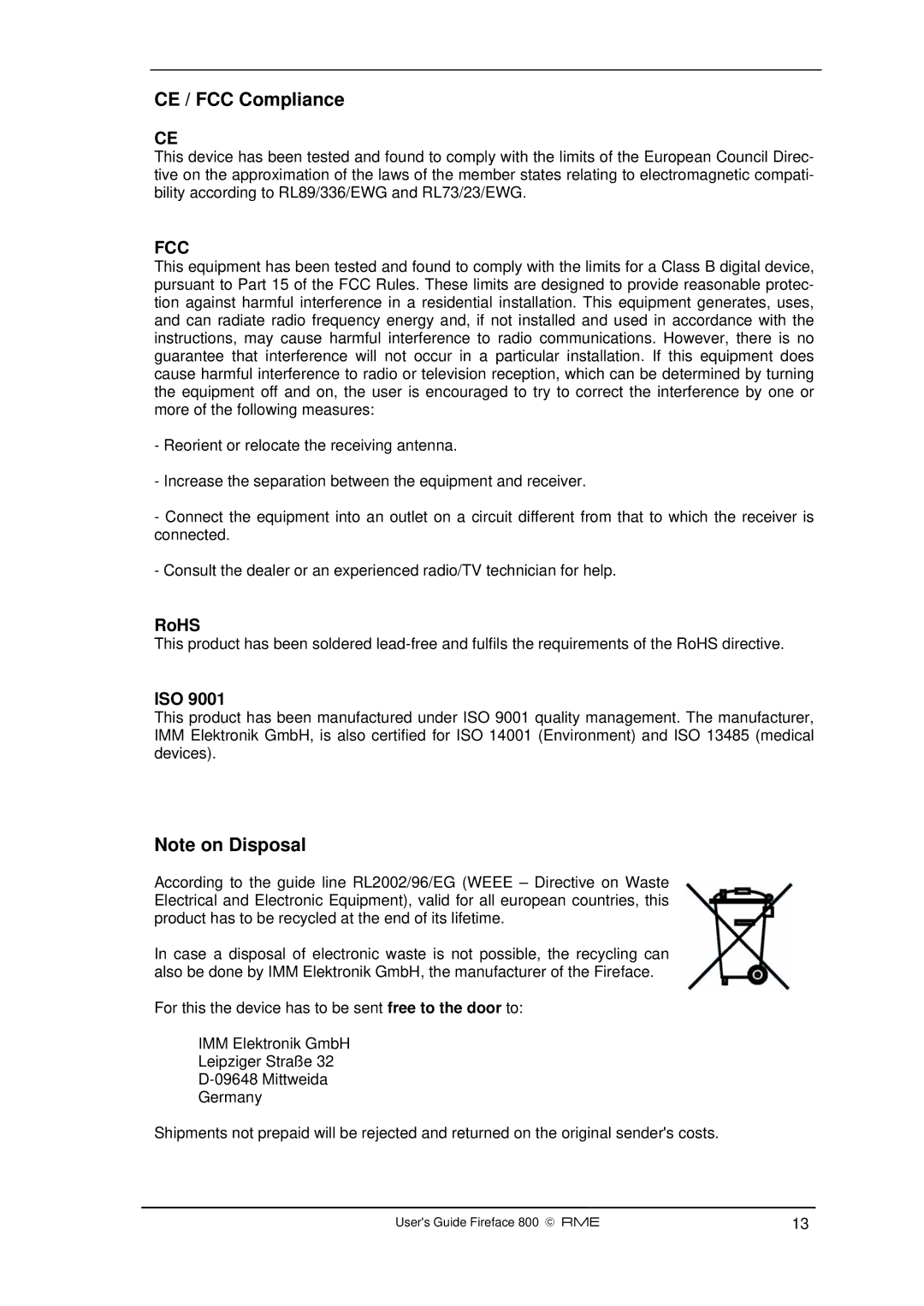 Intel Fireface 800 manual CE / FCC Compliance, RoHS, Iso 