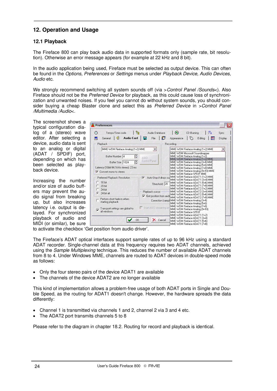 Intel Fireface 800 manual Operation and Usage, Playback 