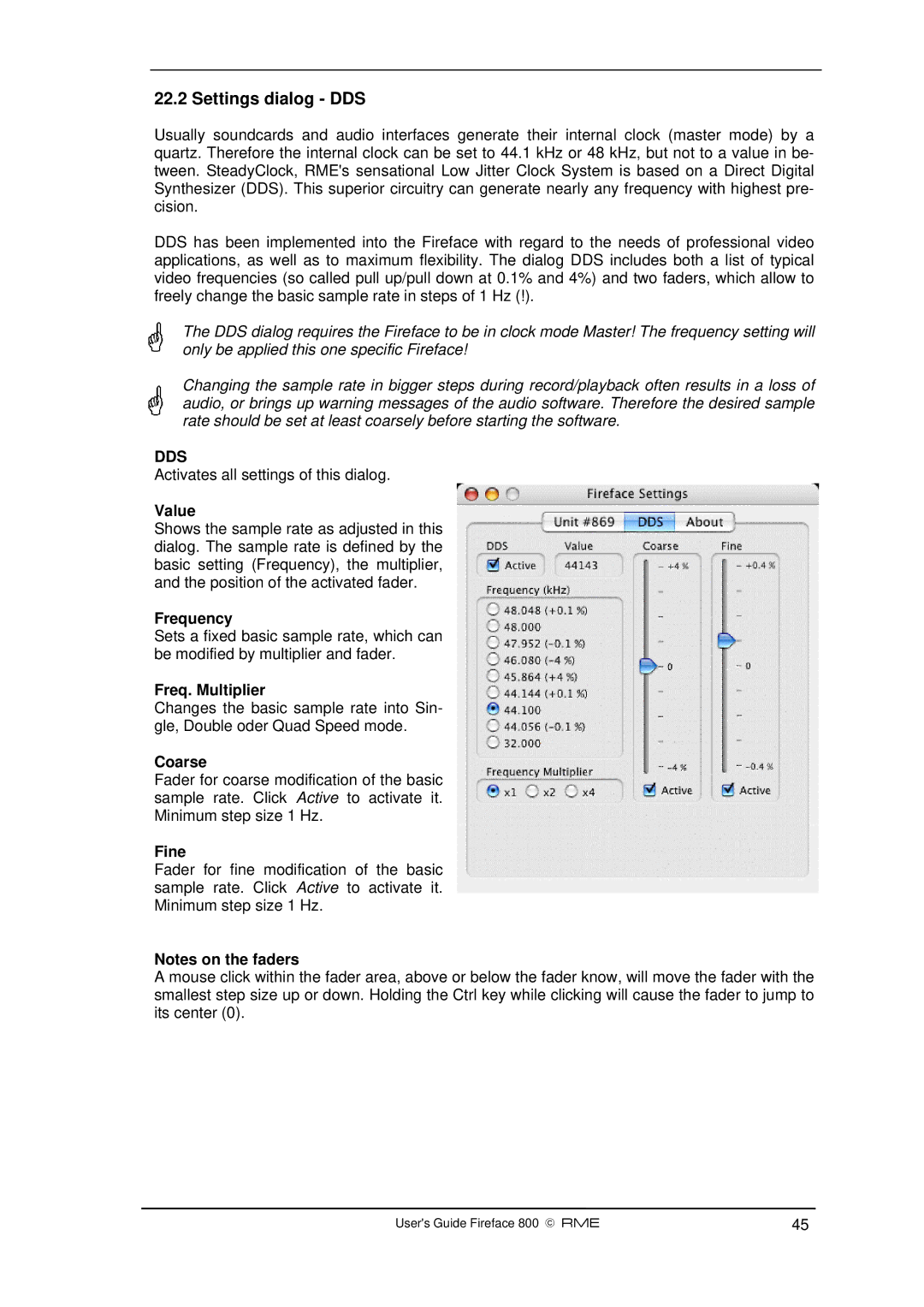 Intel Fireface 800 manual Settings dialog DDS 