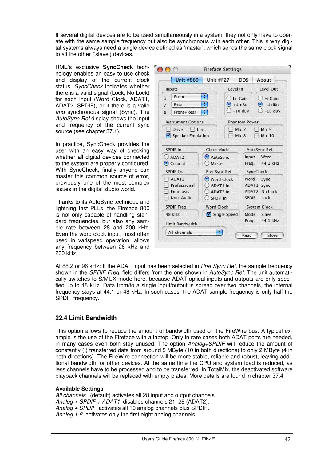 Intel Fireface 800 manual Limit Bandwidth 