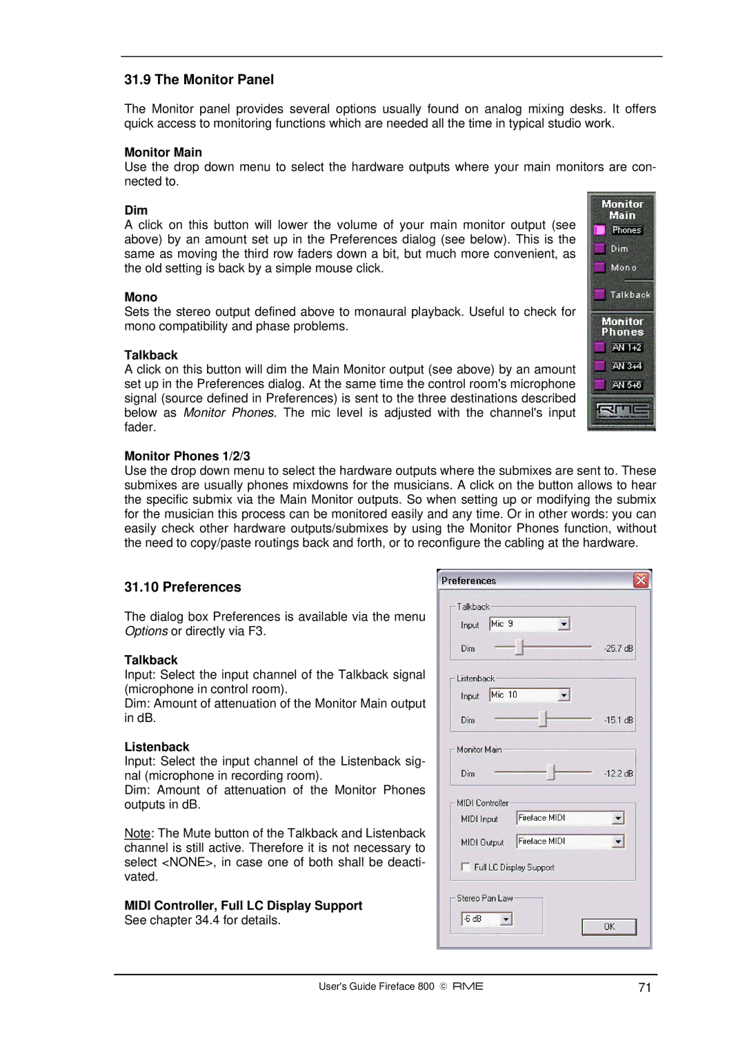 Intel Fireface 800 manual Monitor Panel, Preferences 