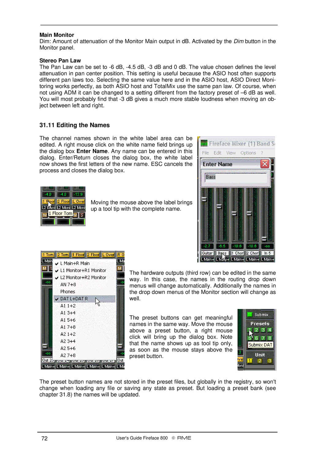 Intel Fireface 800 manual Editing the Names, Main Monitor, Stereo Pan Law 