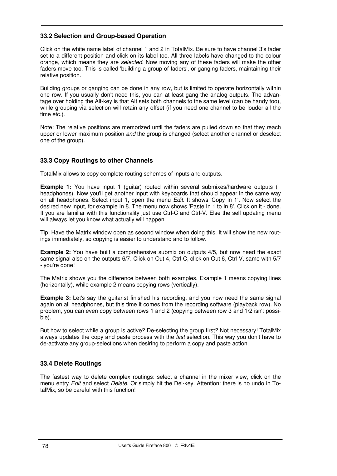 Intel Fireface 800 manual Selection and Group-based Operation, Copy Routings to other Channels, Delete Routings 