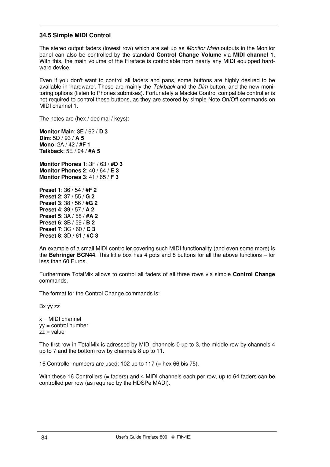 Intel Fireface 800 manual Simple Midi Control, Monitor Main 3E / 62 / D, Preset 3 38 / 56 / #G, Preset 5 3A / 58 / #A 