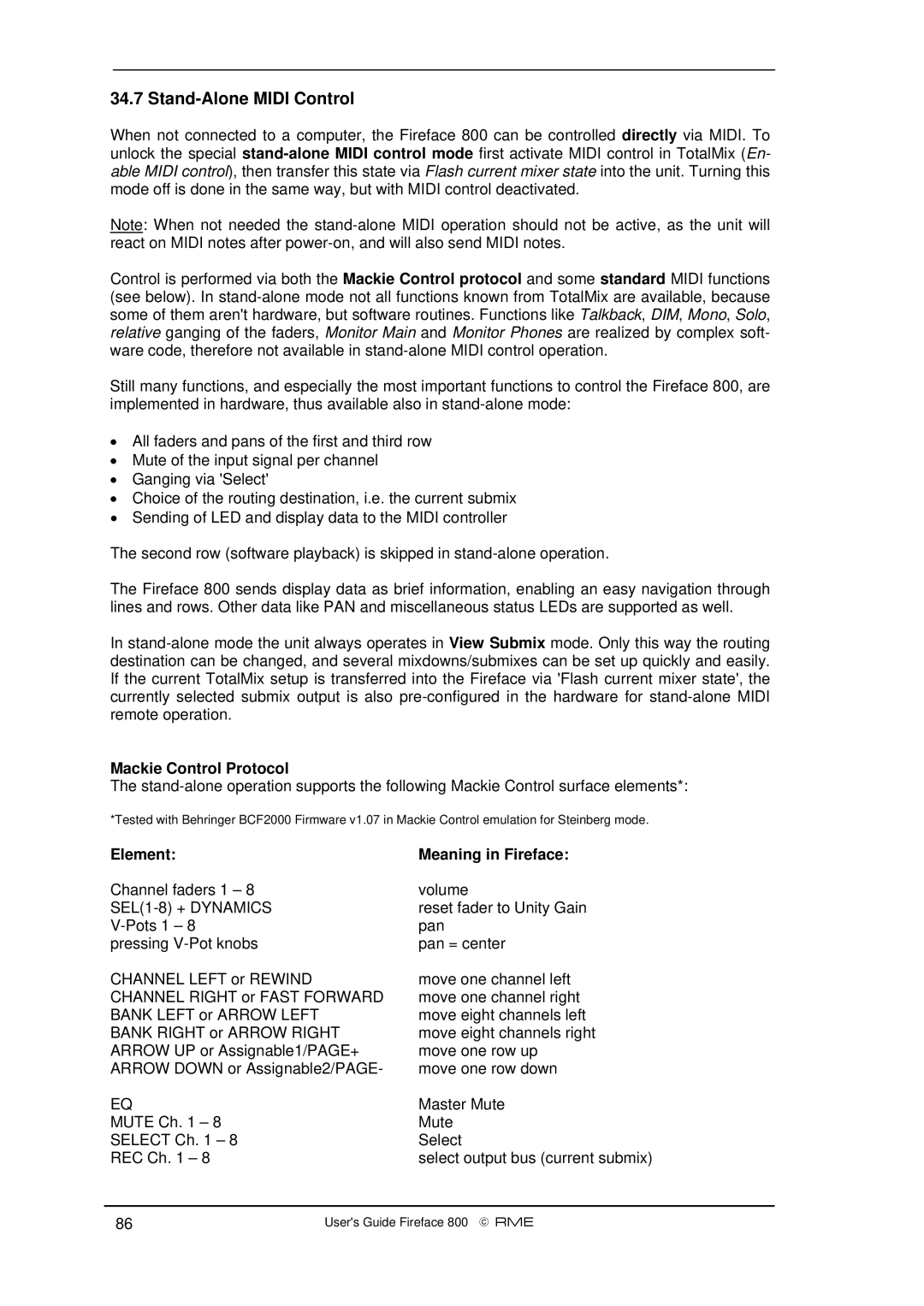 Intel Fireface 800 manual Stand-Alone Midi Control, Mackie Control Protocol, Meaning in Fireface 