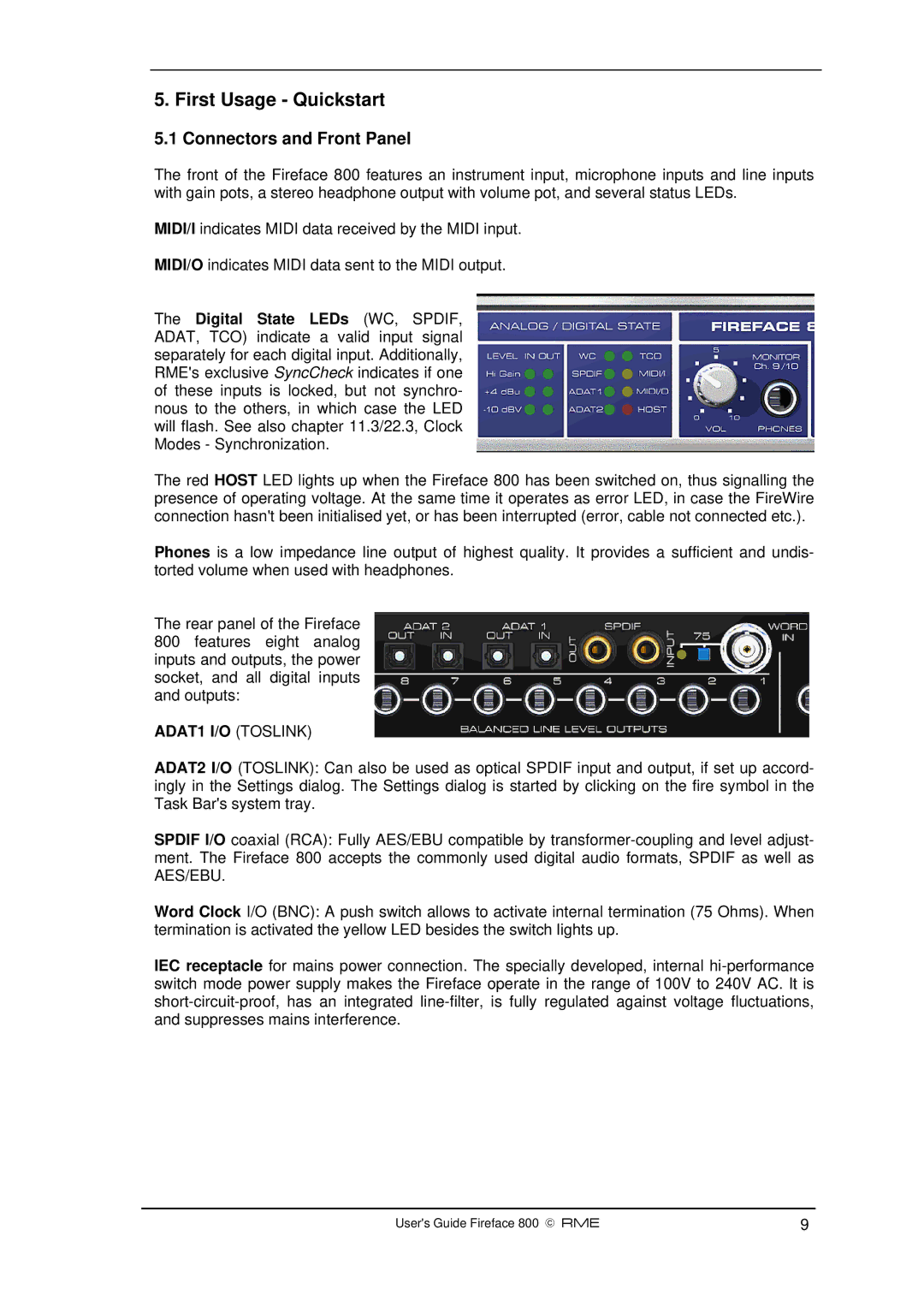 Intel Fireface 800 manual First Usage Quickstart, Connectors and Front Panel 