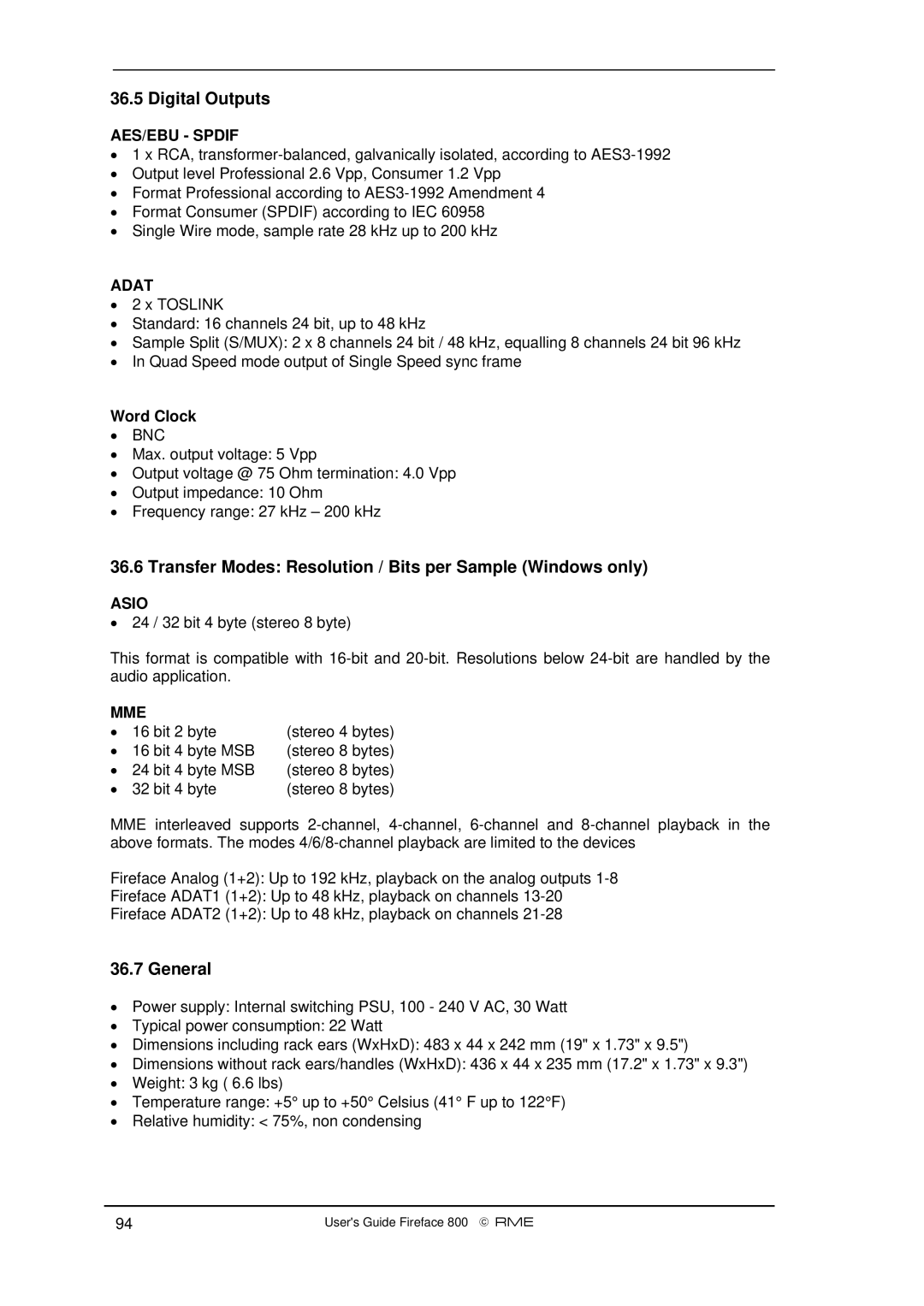 Intel Fireface 800 manual Digital Outputs, Transfer Modes Resolution / Bits per Sample Windows only 