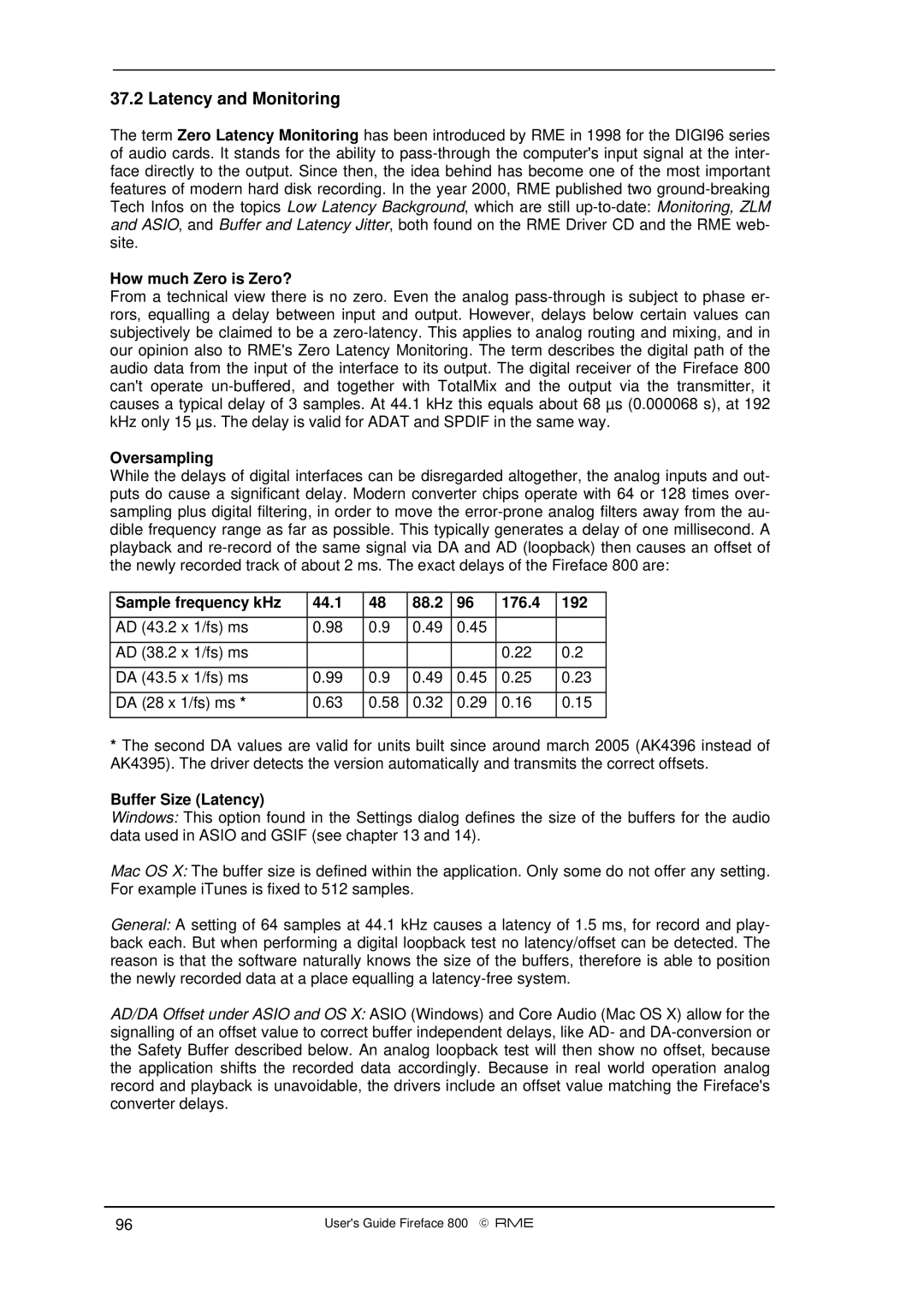 Intel Fireface 800 Latency and Monitoring, How much Zero is Zero?, Oversampling, Sample frequency kHz 44.1 88.2 176.4 192 