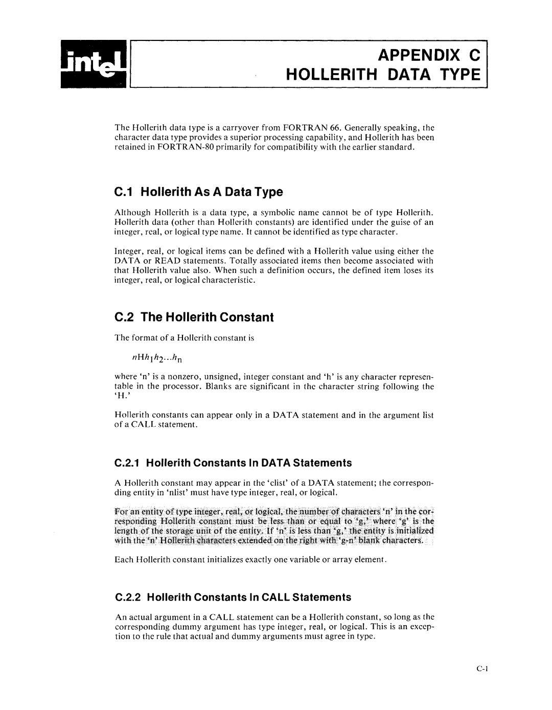 Intel fortran-80 manual Appendix C Hollerith Data Type, C.1 Hollerith As A Data Type, C.2 The Hollerith Constant 