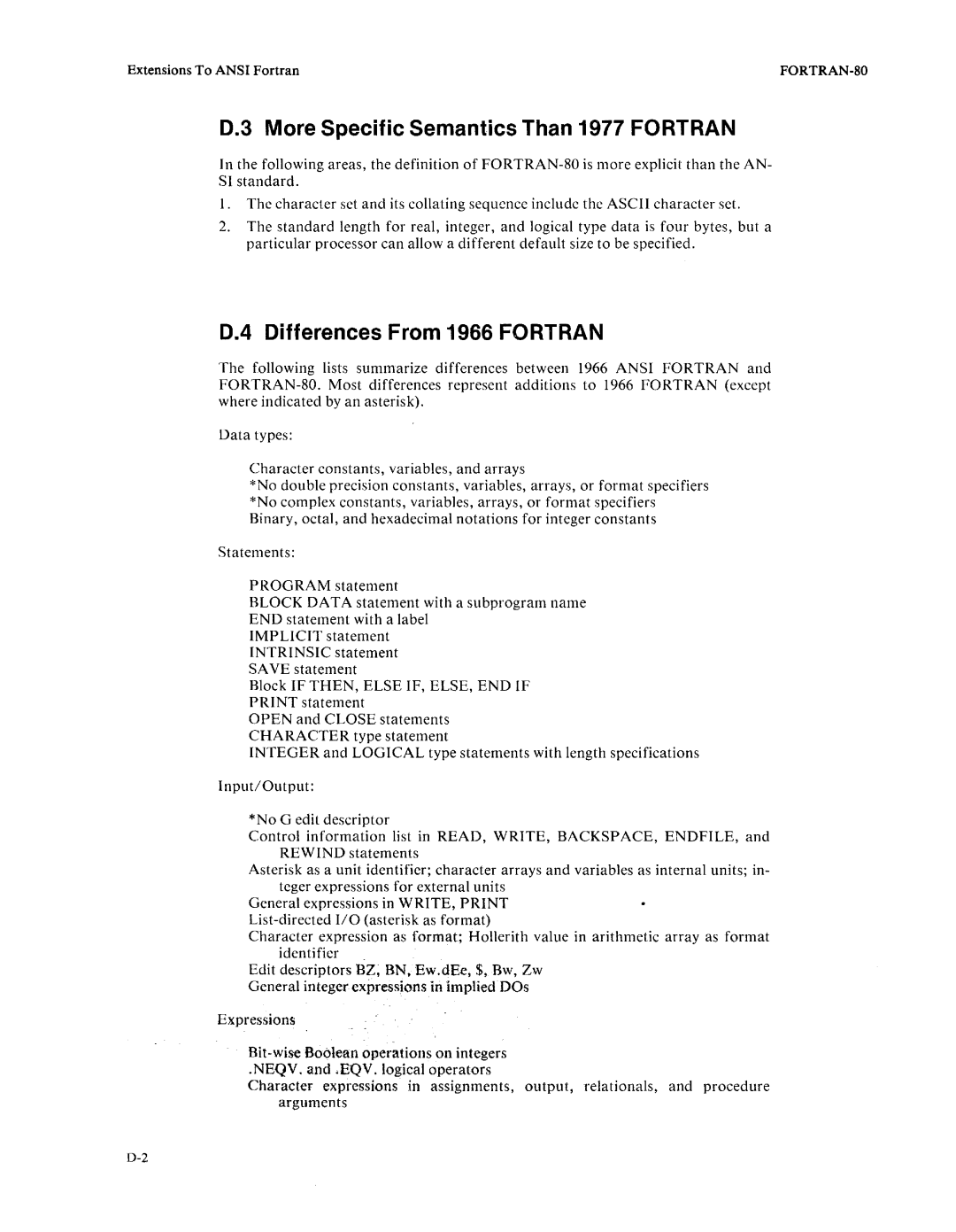 Intel fortran-80 manual More Specific Semantics Than 1977 FORTRAN, Differences From 1966 FORTRAN 