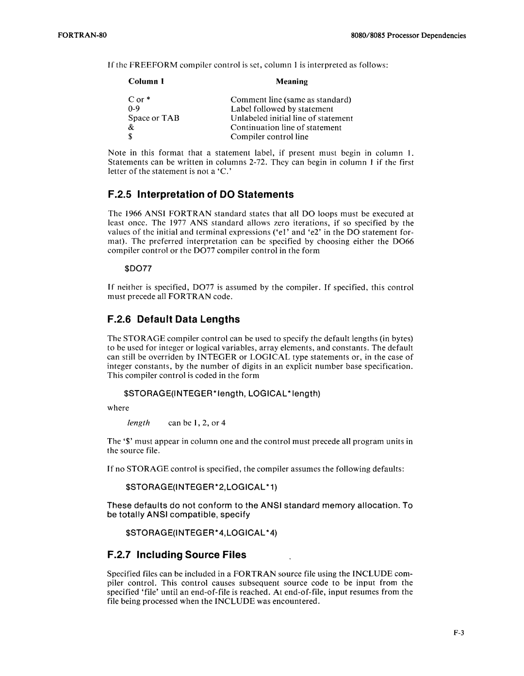 Intel fortran-80 F.2.5 Interpretation of DO Statements, F.2.6 Default Data Lengths, F.2.7 Including Source Files, $0077 