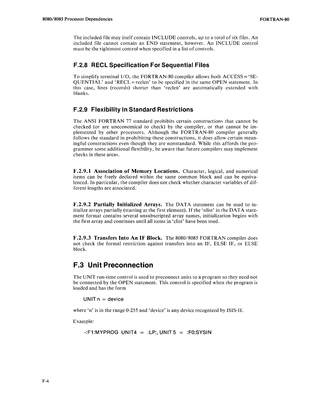 Intel fortran-80 manual F.2.8 REel Specification For Sequential Files, F.2.9 Flexibility In Standard Restrictions 