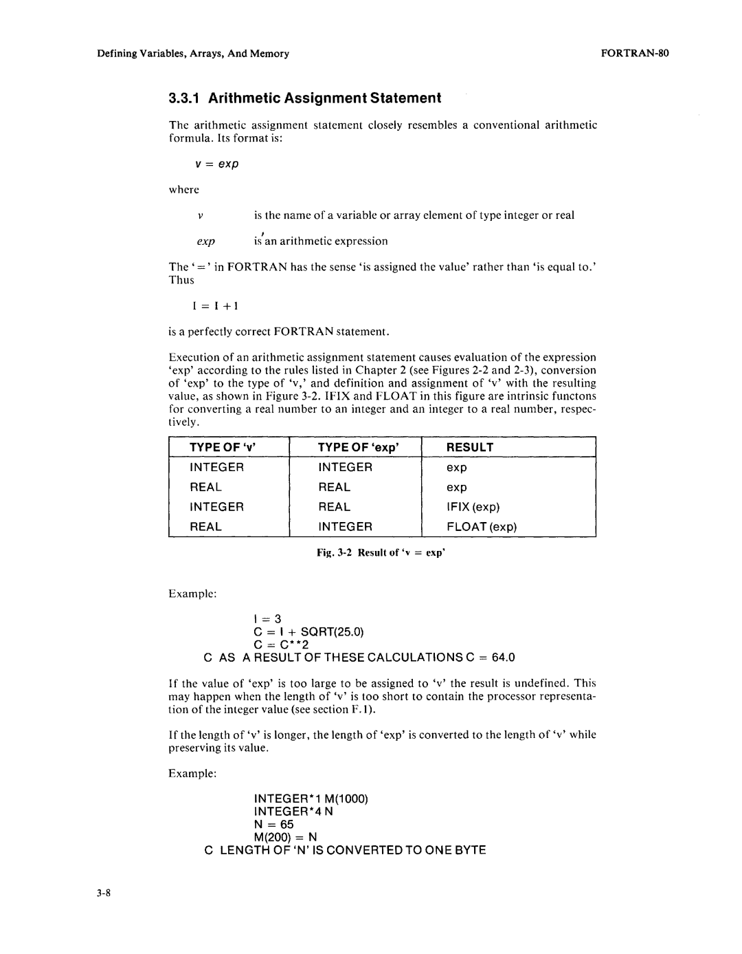 Intel fortran-80 manual Arithmetic Assignment Statement, Type Of, TYPE OF exp, Result 
