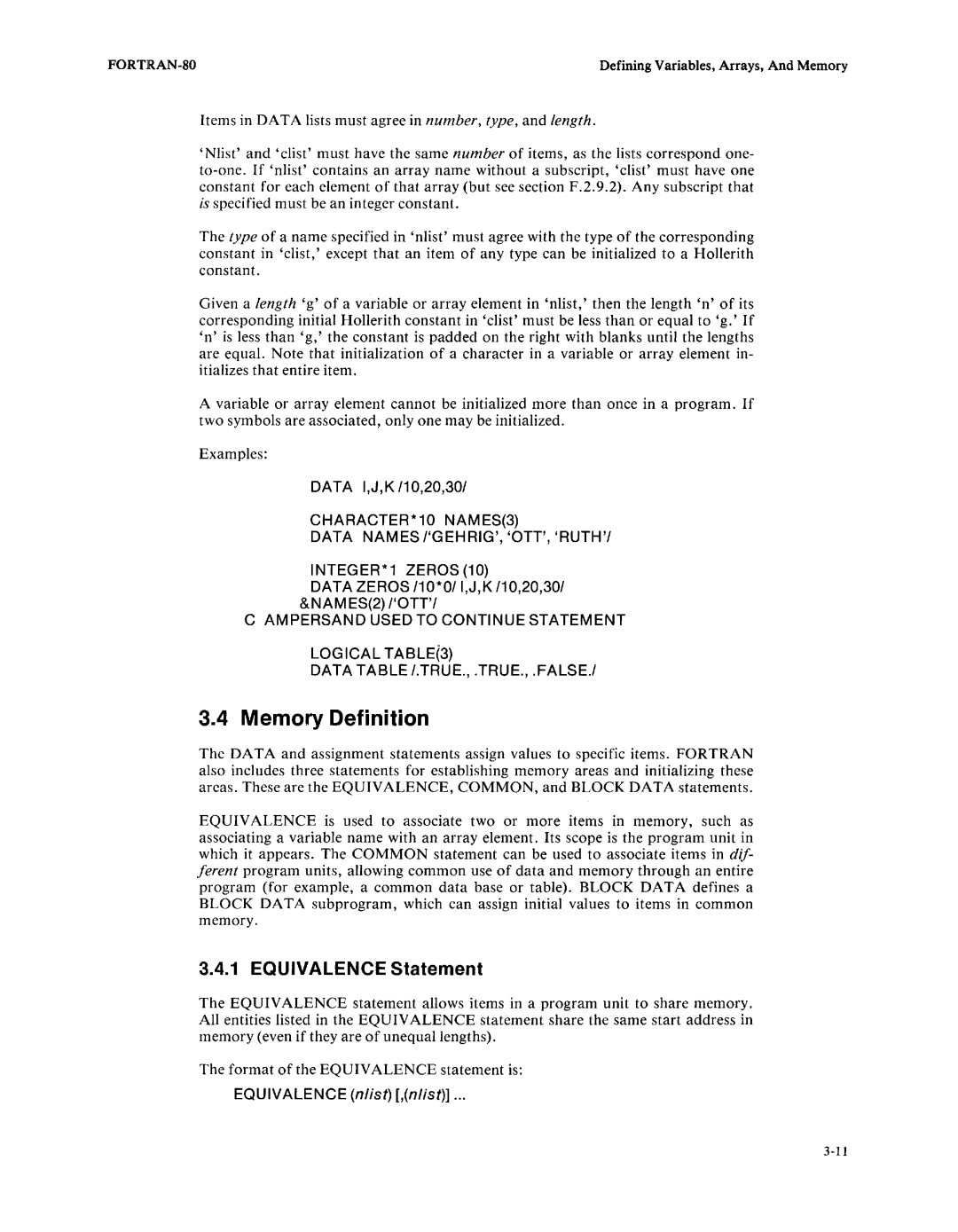 Intel fortran-80 manual EQUIVALENCE Statement, Memory Definition, DATA I,J,K/10,20,301 